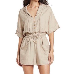 BlankNYC Linen Blend Romper Tan Beige Short Sleeve Collared Women's XL NWT